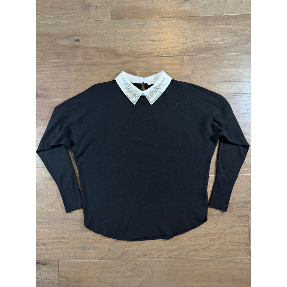 Siani Milano Womens Black Embellished White Collar Knit Top Long Sleeve RN163742